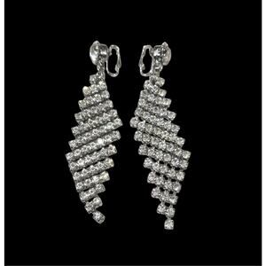 Vintage Rhinestone Waterfall Clip On Earrings Silver Tone Crystal Dangle